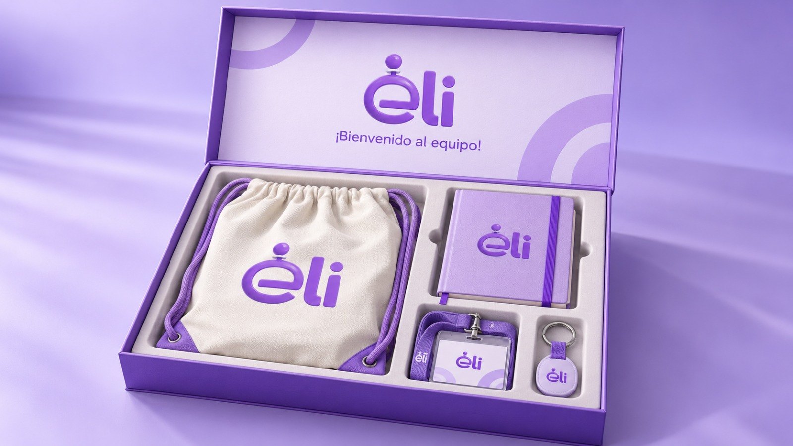 Kit de bienvenida Eli: tula, libreta, carné y llavero en caja lila